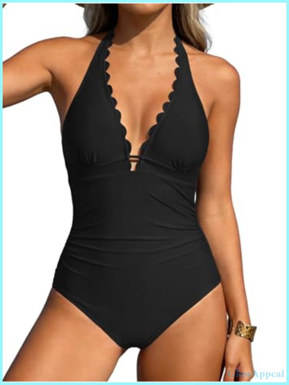 Scalloped V Neck Halter One Piece Swimsuit Tummy Control Push Up